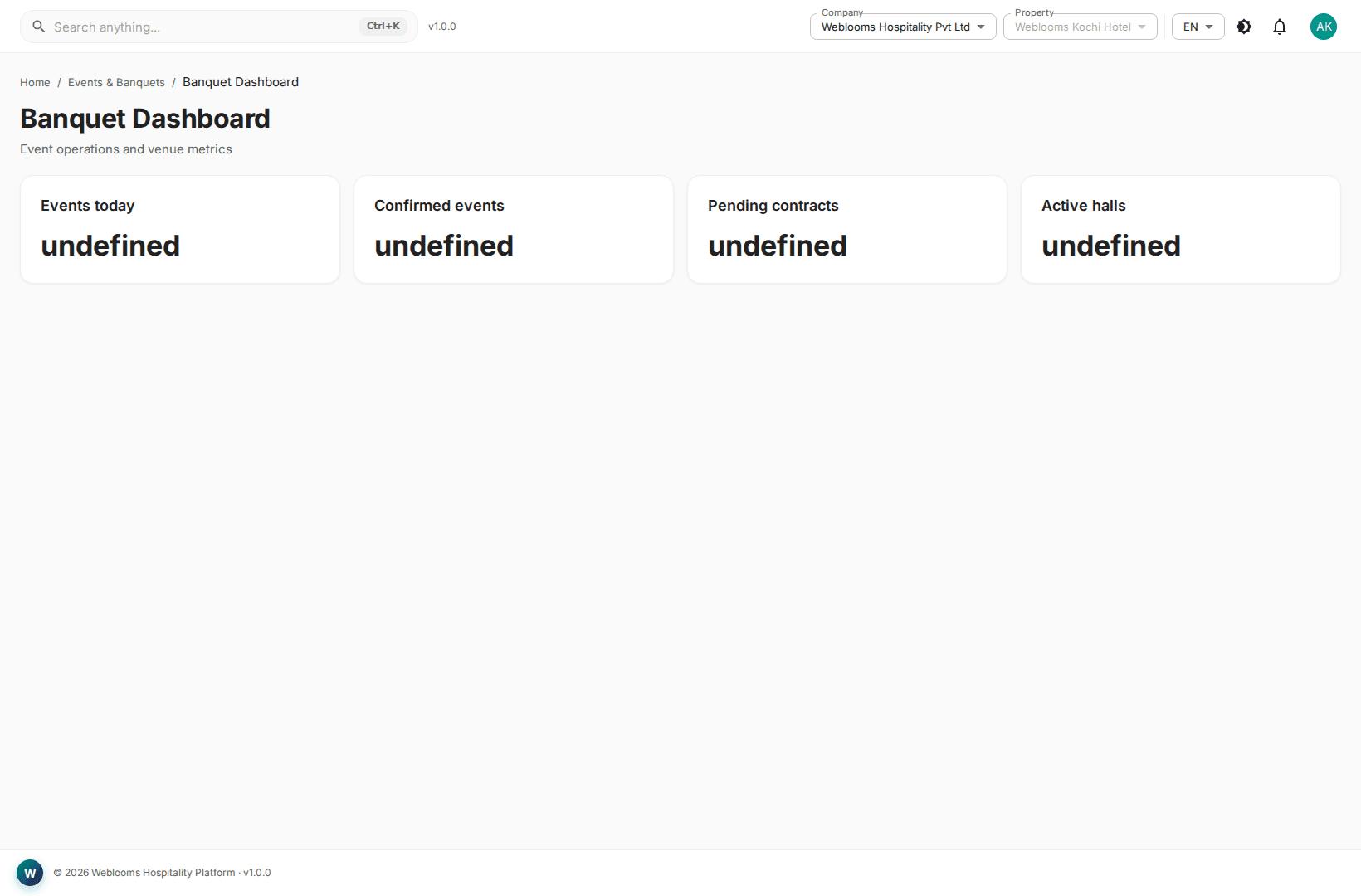 Events and banquet dashboard