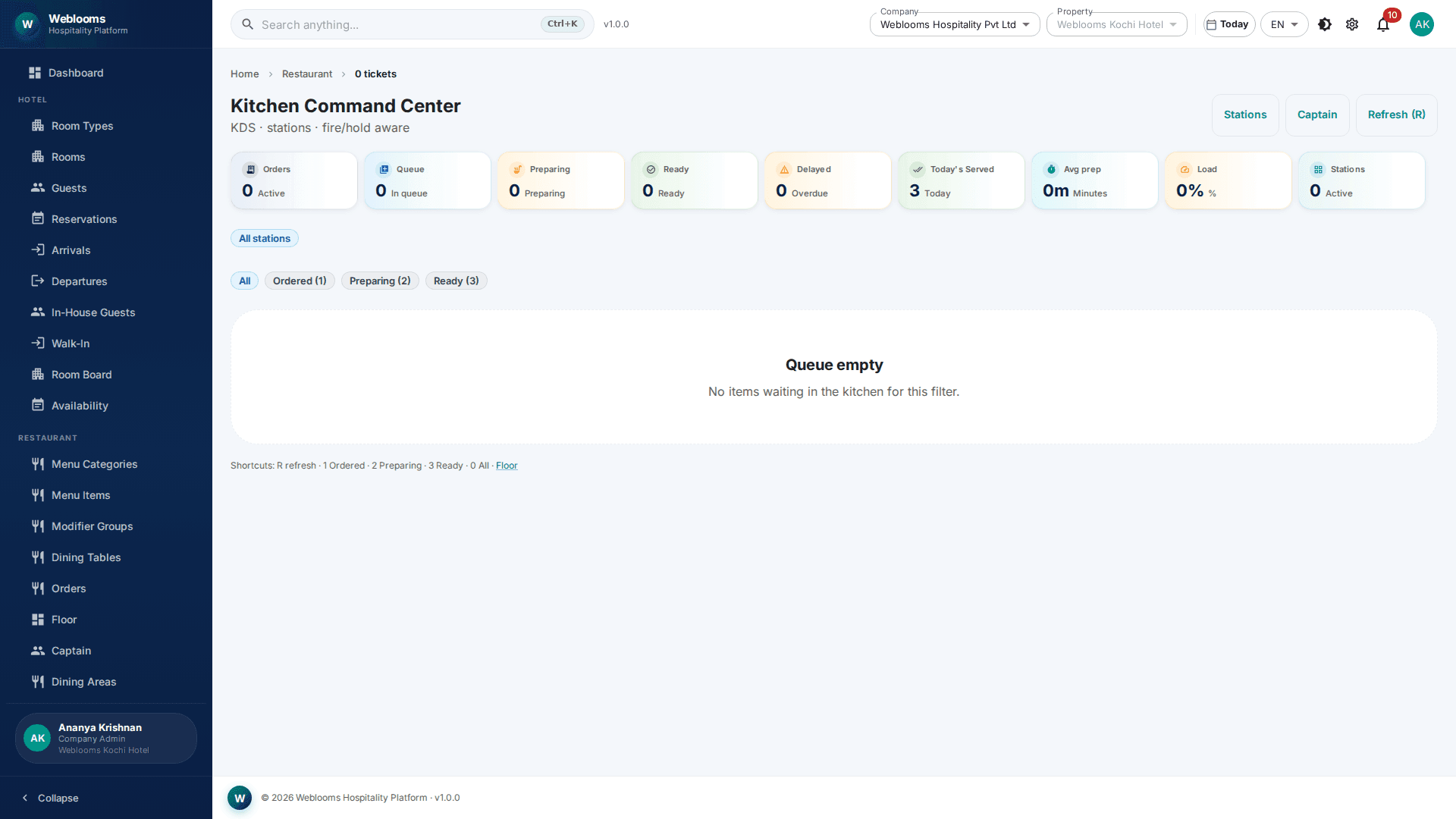 Kitchen display system with live order queue