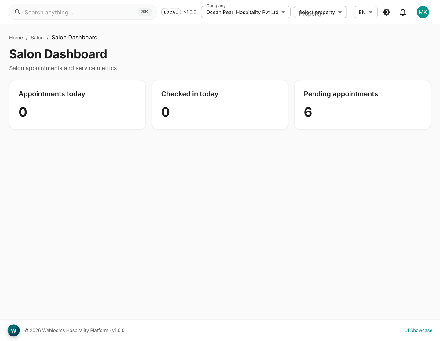 Salon dashboard with appointments overview